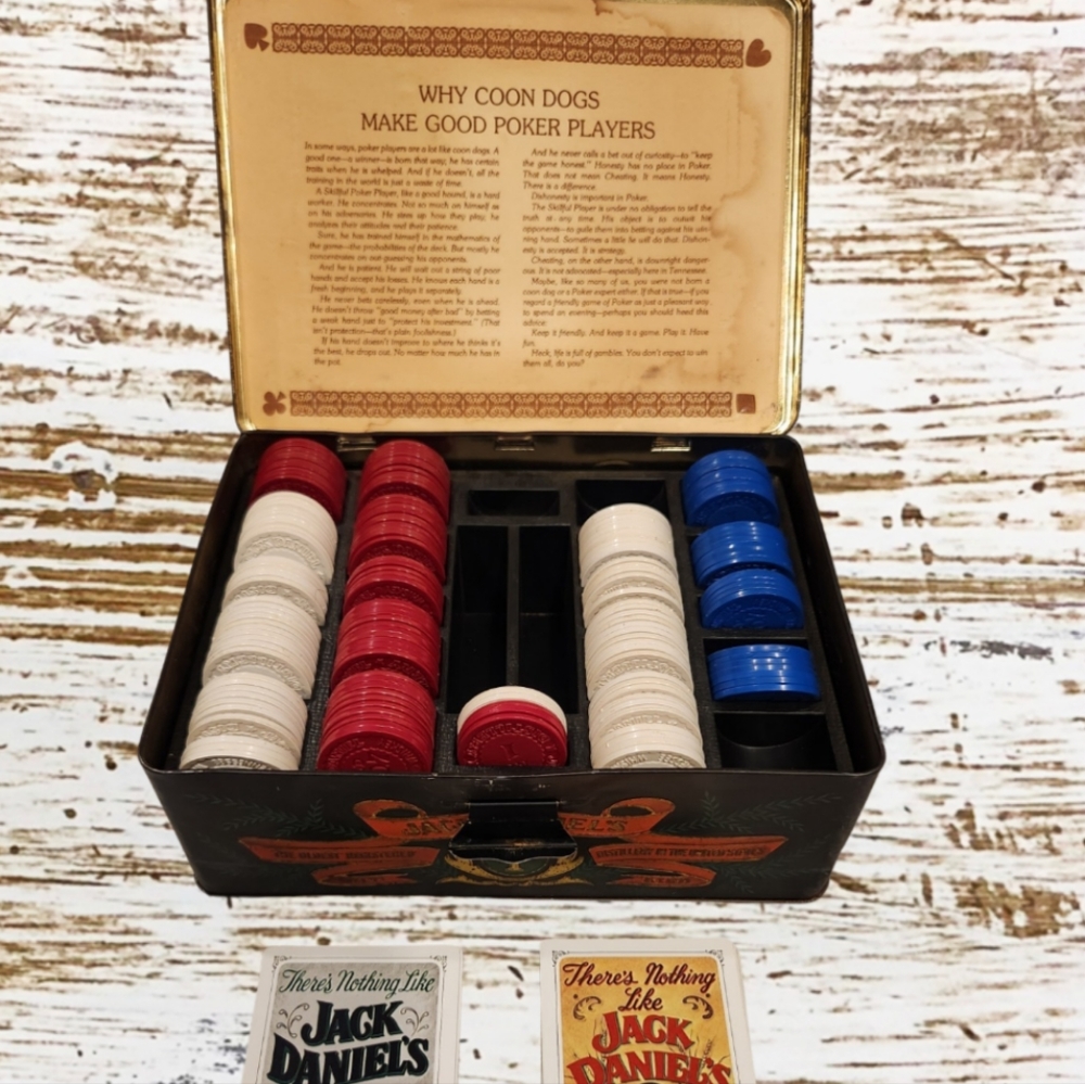 Vintage Jack Daniels Old No. 7 Tennessee Whiskey TIN Poker Set Cards Chips